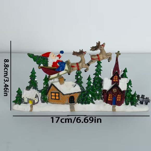 Santa w Sleigh & Reindeer over Church Resin Holiday Tabletop Decor, 3.4" x 6.7" - Picture 2 of 2